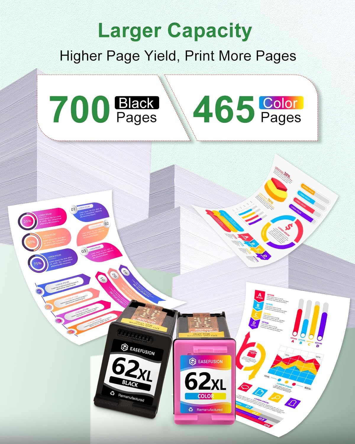 62XL Ink Cartridges Black and Color Remanufactured Replacement for HP Ink 62 HP62XL Combo Pack Compatible with Envy 7640 5660 5540 7645 5740 5746 OfficeJet 250 200 Mobile Printer, 2-Pack - Image 3